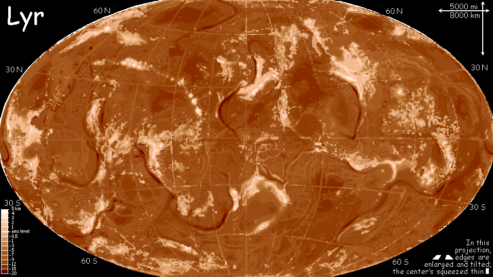 Topographical map of Lyr's sea beds, seamounts and trenches.