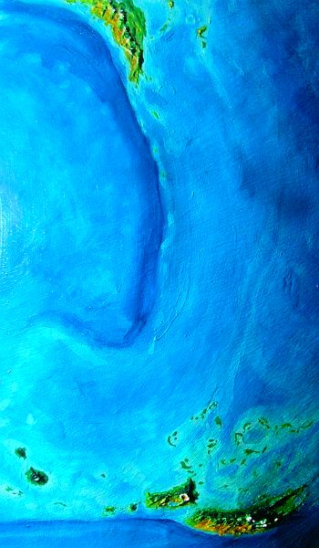 High orbital photo of island chain and reefs along the subduction trough between Troisleons and Larsum, on Lyr, a world-building experiment.