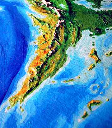 The Gerd Mountains and Cape Papillon, southern tip of Troisleons, a temperate continent smaller than South America, on Lyr, a model of a large sea-world. Click to enlarge.