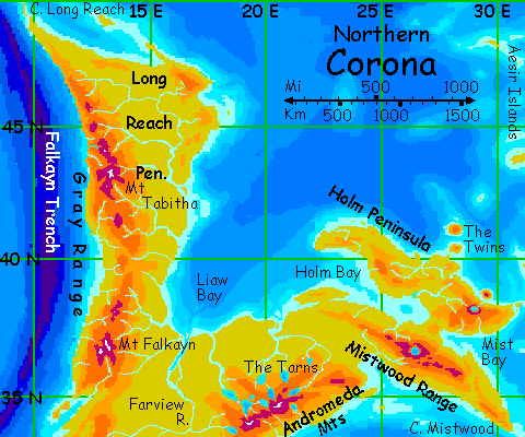 Map of northern Corona, the chief continent of the Ythri cluster, on Lyr, a world-building experiment. The land's a V shape; the arms are each 3-4000 km long, 500-1000 wide.