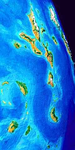 Orbital photo of the Aesir and Shielding Islands east of Corona on Lyr, a model of a huge sea-world. Click to enlarge.