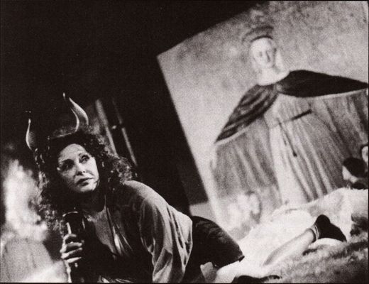 Performance piece by Carolee Schneemann as female Minotaur in the Madonna's labyrinth; photo by Barbara Yoshida. Click to enlarge.