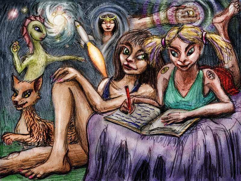 Andre Norton as a schoolgirl writing fanfic. Dream sketch by Wayan. Click to enlarge.