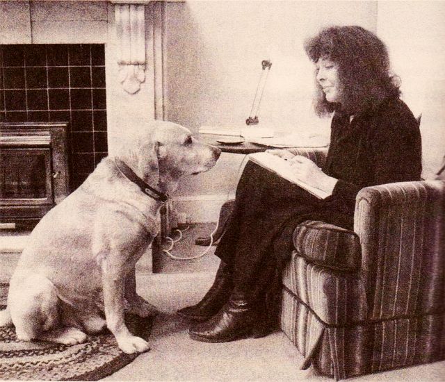 photo of author Diana Wynne Jones with her dog Caspian, 1984.