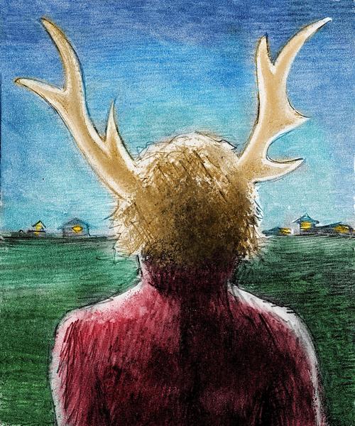 A man with gleaming antlers in a field at dawn. Dream sketch by Wayan. Click to enlarge.