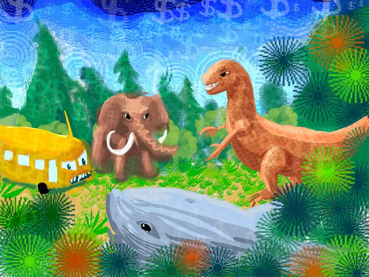 A mammoth, a T. rex, a whale and an AI schoolbus fight in a clearing. Dream sketch by Wayan. Click to enlarge.