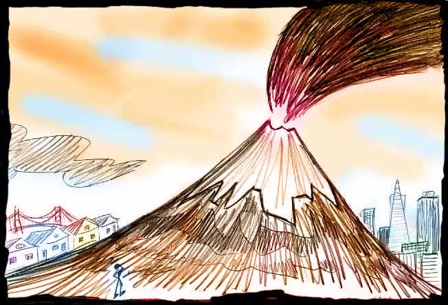 Sketch by Wayan of a dream: a volcano erupts in San Francisco