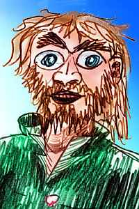Sketch of a bearded man in a green shirt. Rather crazy eyes.