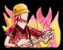 Faceless man in a safety helmet plays a flaming guitar.
