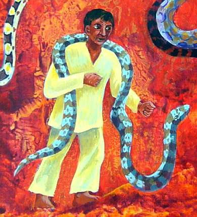 Detail of a painting of a dream by Jenny Badger Sultan. Amid red rocks, a short brown man in pale drapes a snake over his shoulders.