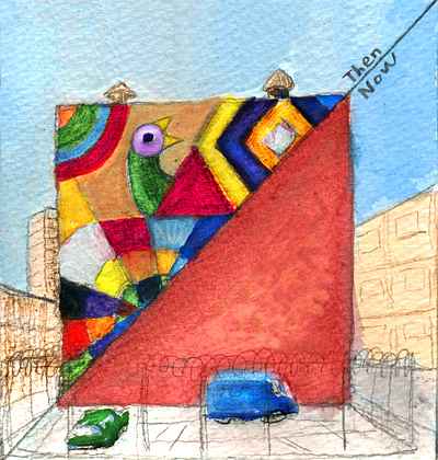 Watercolor of a four-story building with a cubist mural on upper left, marked 'then', but just brick-red paint in lower left, marked 'now'.