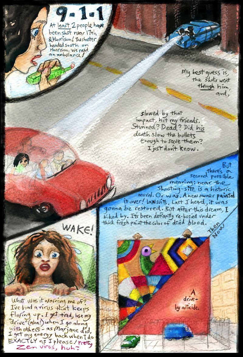 'Marjane', a dream where I'm cartoonist Marjane Satrapi; three-page watercolor comic by Wayan.