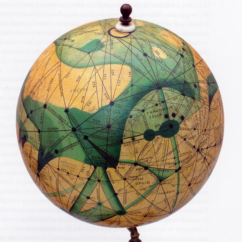 Mars globe made in 1909 by Emmy Ingeborg Brun. Click to enlarge.
