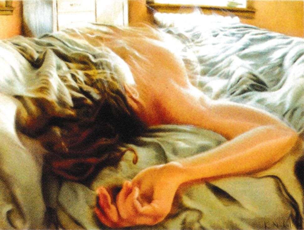 Woman asleep in bed; 'Adrift', early painting by Kate Nichols. Click to enlarge.