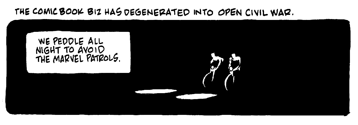 Two bikers at night; single-panel dream-comic by Rick Veitch.