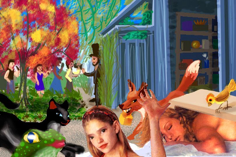 Collaged illustration of dream: in foreground, animals search a garage for a frog-princess's treasure, while girls tangled in sheets spill out of a TV on the driveway. Beyond, in the yard, reporters interview a cartoon Lincoln.