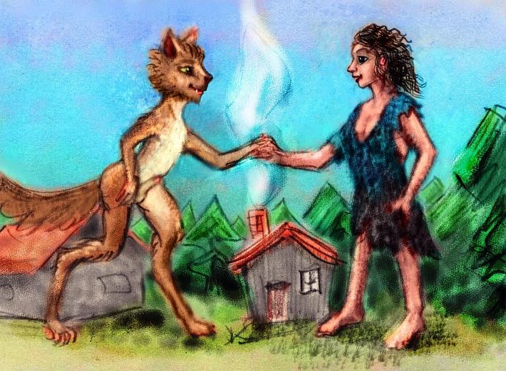 Sketch of a dream by Chris Wayan: Coyote holds the hand of a Hermitess. They're both giants, taller than the trees.