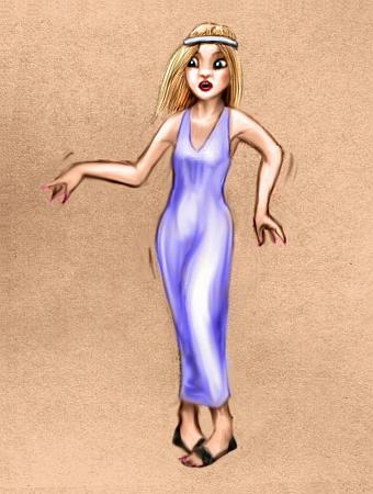 Sketch of a dream by Chris Wayan: a skinny girl (me) in a long court gown so narrow and clingy I can barely walk. Click to enlarge.