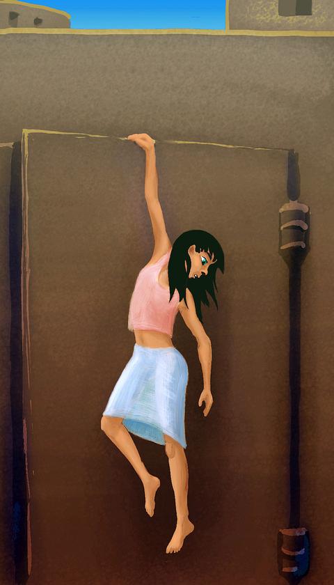 Worried girl hangs by one hand from big stone gate. Dream sketch by Wayan. Click to enlarge.