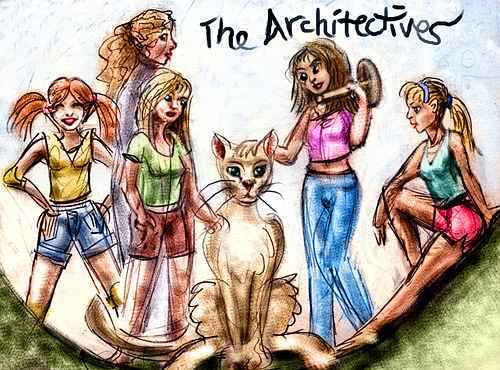 Sketch of a puma sitting among five women in kneepads T shirts and shorts, holding sledgehammers. Label: 'The Architectives.'