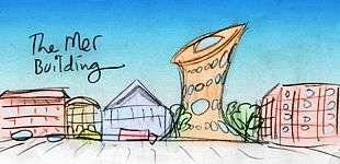 Sketch of a curvy asymmetrical futuristic tower like a horn with oval windows; it's labeled 'the Mer Building.'