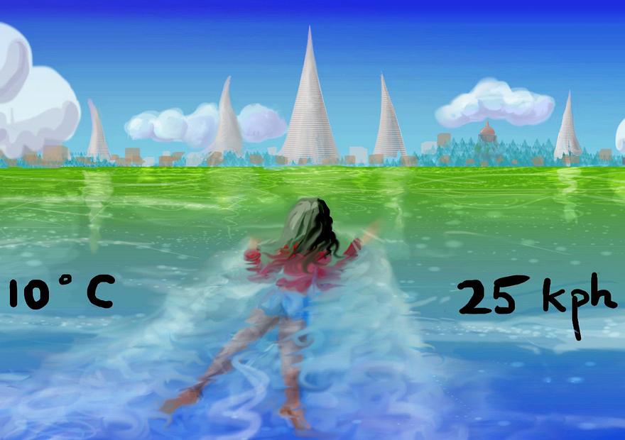 I swim toward a port city with tall pyramids. Sketch of a dream by Wayan.
