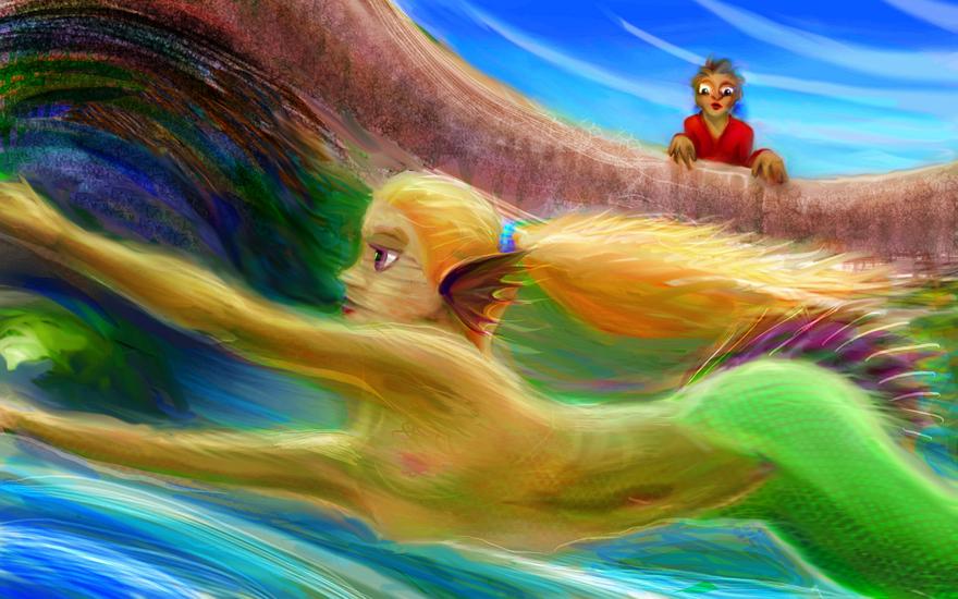 A mermaid swims under a stone arch. Sketch of a dream by Wayan. Click to enlarge.