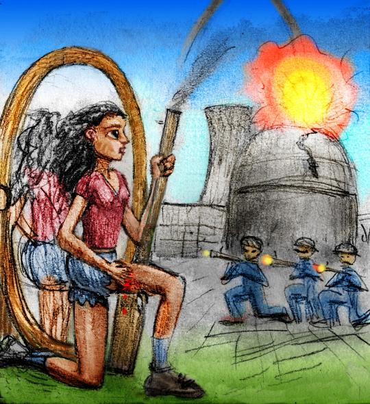 Jamila, wounded, cracks a half-built nuke. Dream sketch by Wayan