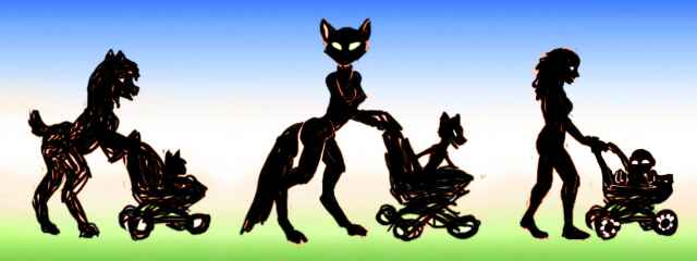 Dream: three women push strollers. One mom's  humanoid, one short, shaggy, and sheepish, and one a lanky lemur/cat. Click to enlarge.