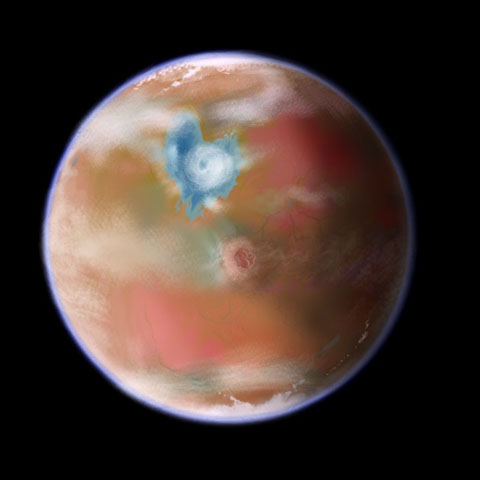 A Marslike world seen from space: a small sea in a Hellasian basin, an Olympus-like shield volcano, a few rivers; mostly desert. Digital dreamsketch by Wayan; click to enlarge.