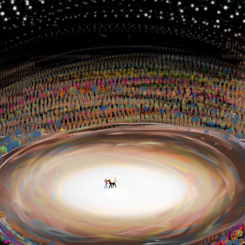 A dream: Silky the black mare and I are tiny figures in an arena, being examined by the Galactic Assembly.