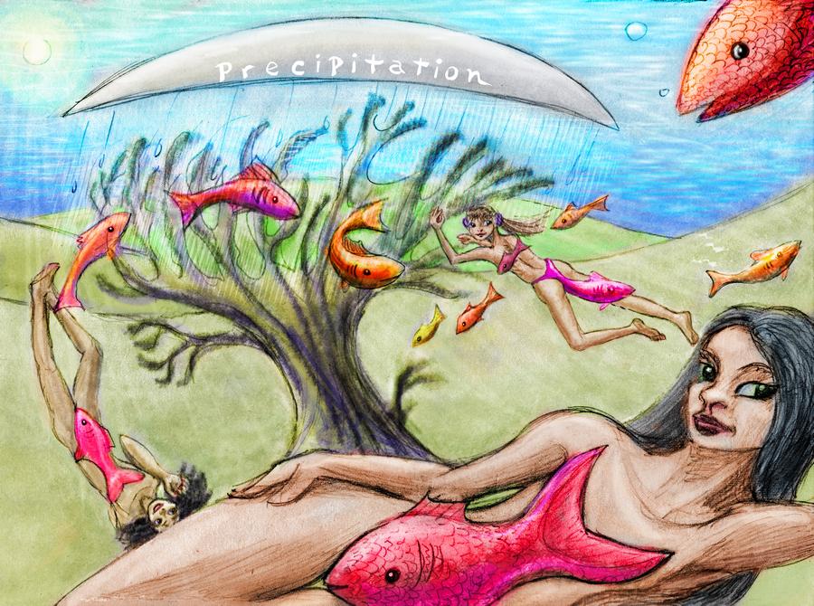 A tree generates a cloud raining on it; but swimmers and fish hint it's undersea! Dream sketch by Wayan. Click to enlarge.