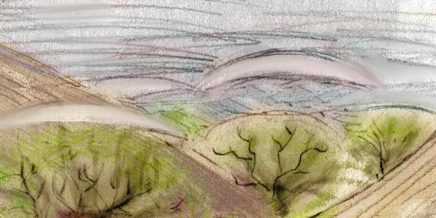 In dunes, each tree generates a lenticular cloud raining on it. Dream sketch by Wayan.