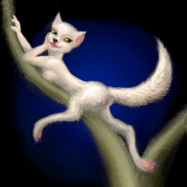 A white ermine flirts in a tree; sketch by Chris Wayan of scene from Alec Dean Foster's 'Spellsinger'. Click to enlarge.