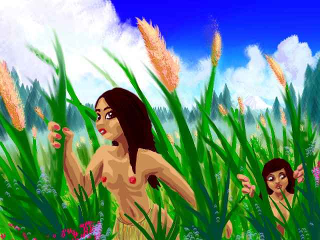 Two dark-haired dancers in grass skirts peer anxiously through reeds in a meadow; pines and Mt Rainier in background.