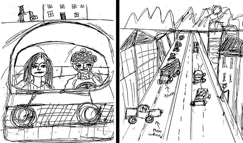 Blind mom drives badly. Dream sketches by Frances R. Storey.