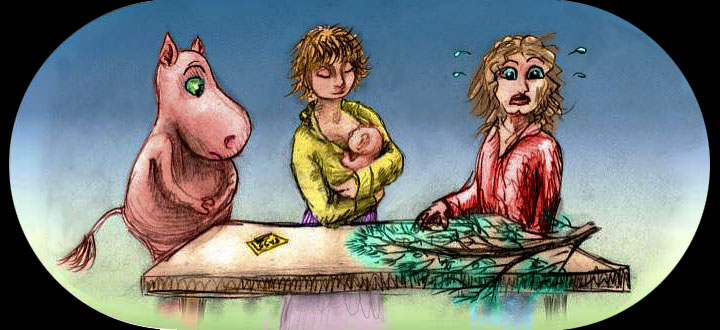 Sketch of a dream, 'The Moomin Commissioners of Time', by Wayan: a Finnish moomintroll, a woman nursing a baby, and me in a red shirt staring uneasily at a pine branch on a table: my dinner.