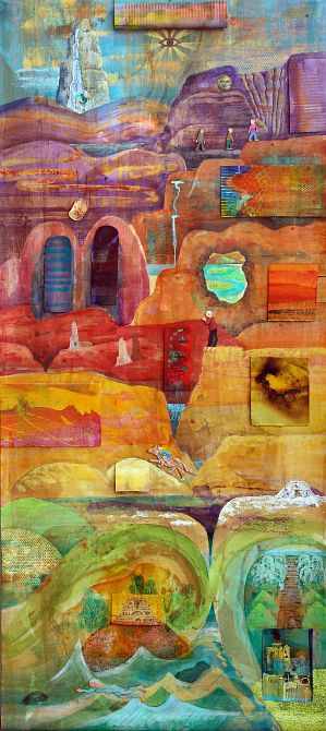Acrylic painting with flaps, titled 'Moving in the Landscape of my Dreams' by Jenny Badger Sultan. Click to open flaps and see hidden figures.