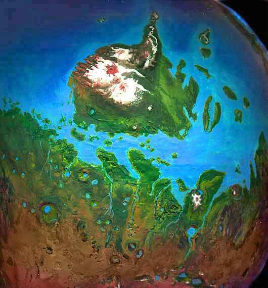 Orbital view of a future, terraformed Mars: Nepenthe, Aeolia, Elysium. Model by Wayan.