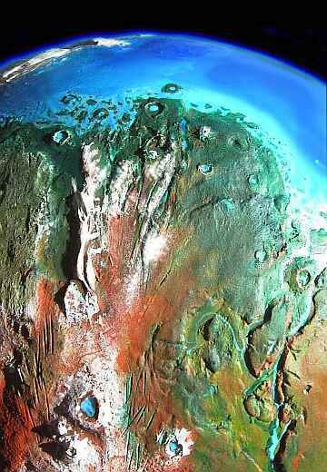 Orbital photo of a terraformed Mars 1000 years from now: Tempe and northern Tharsis. Model by Wayan. Click to enlarge.