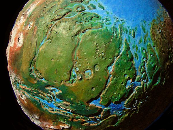 Orbital photo of a terraformed Mars 1000 years from now: Xanthe, the Lunae Planum, and Kasei Valley.  Model by Wayan; click to enlarge.