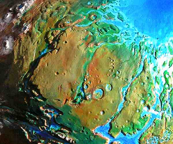Orbital photo of a terraformed Mars 1000 years from now: Xanthe, the Lunae Planum, and Kasei Valley.
