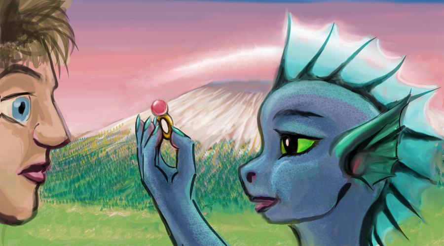 I hold up a ruby ring on a thinly forested Mars. Dream sketch by Wayan. Click to enlarge.