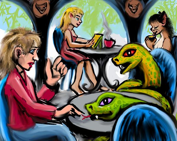 Two snakes and I talk in a cafe. Dream sketch by Wayan. Click to enlarge.
