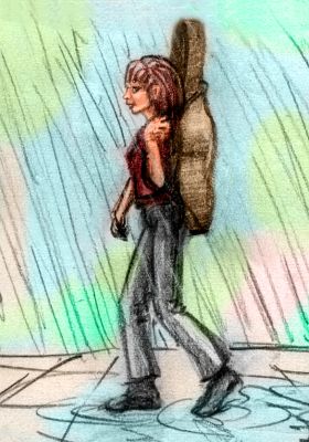 A thin red-haired girl carrying a guitar down a rainy street. Colored pencil sketch of a dream by Wayan.