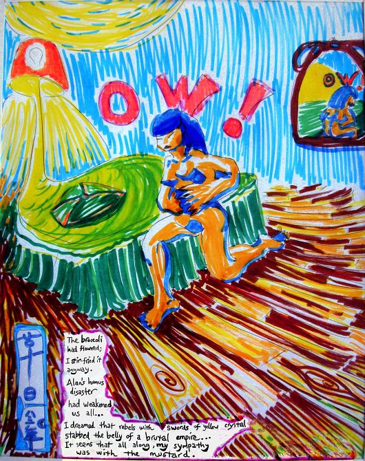 Girl kneels groaning OW as broccoli attacks belly from inside. Nightmare sketch by Wayan. Click to enlarge