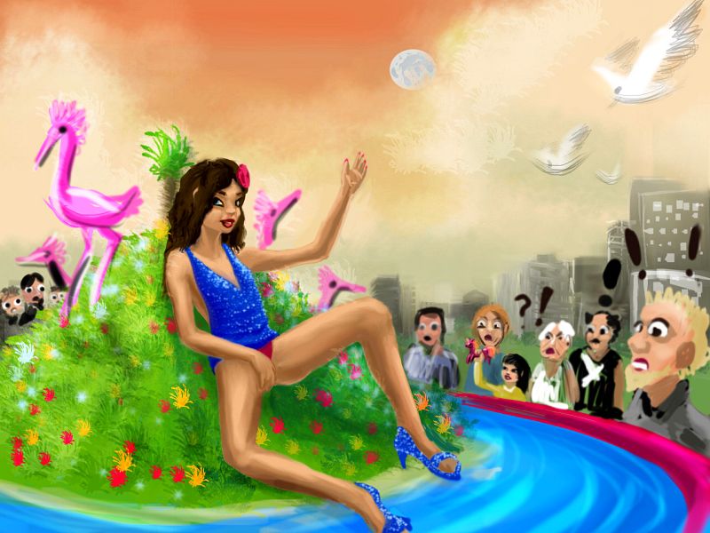 Girl masturbates on a parade float; sketch of a dream by Wayan. Click to enlarge