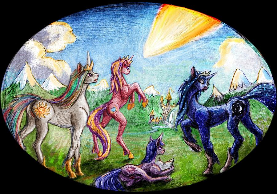 Princesses Celestia, Luna, Cadance and Twilight, from 'My Little Pony', killed by the Chicxulub impact. Dream sketch by Wayan. Click to enlarge.