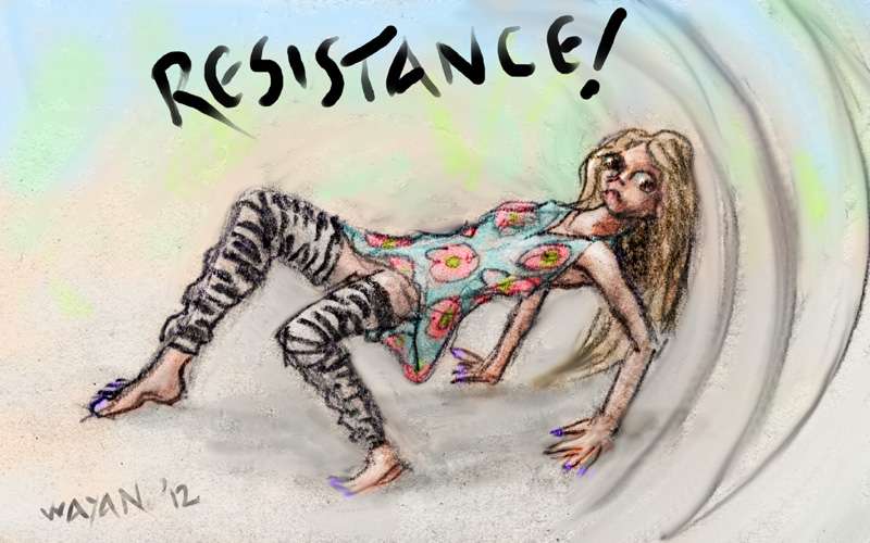Color pencil sketch by Chris Wayan of a dream of scuttling around like a crab in zebra-striped leggings and a floral dress.