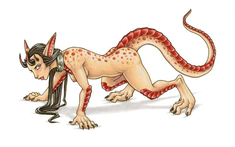 I dream I'm a sexy quadrupedal creature with a human face breasts and torso, but spotted flanks, a long spiky tail, pointed ears, and industrial-strength claws fore and aft.
